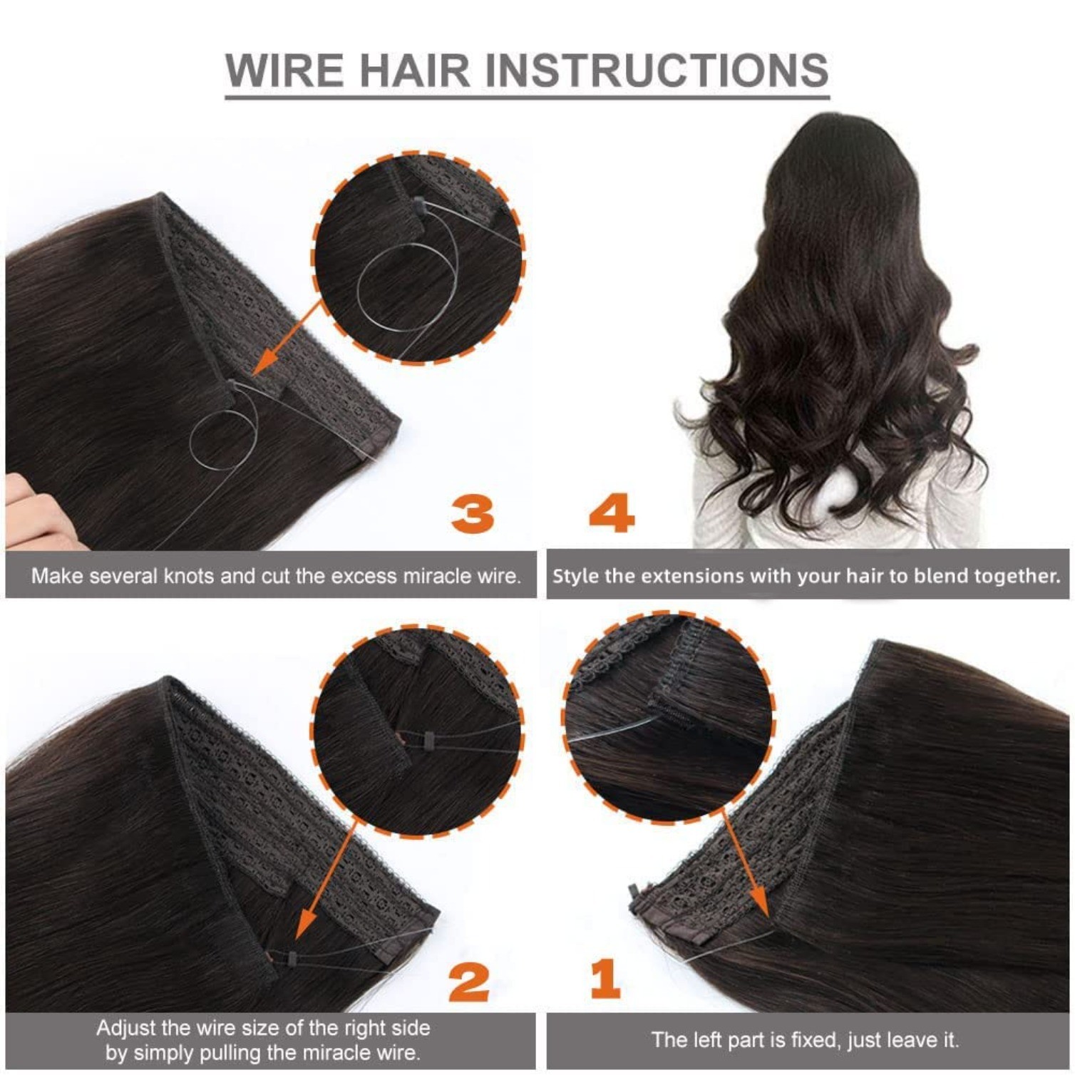 16” 100g Invisible Wire Hair Extensions Real Human Hair with Transparent Wire