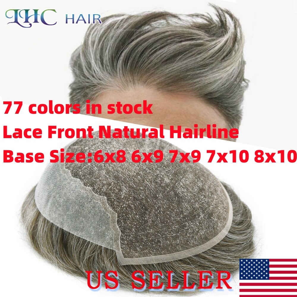 Q6 Mens Toupee French Lace Front Skin PU Human Hair Pieces Natural Hairline Wigs