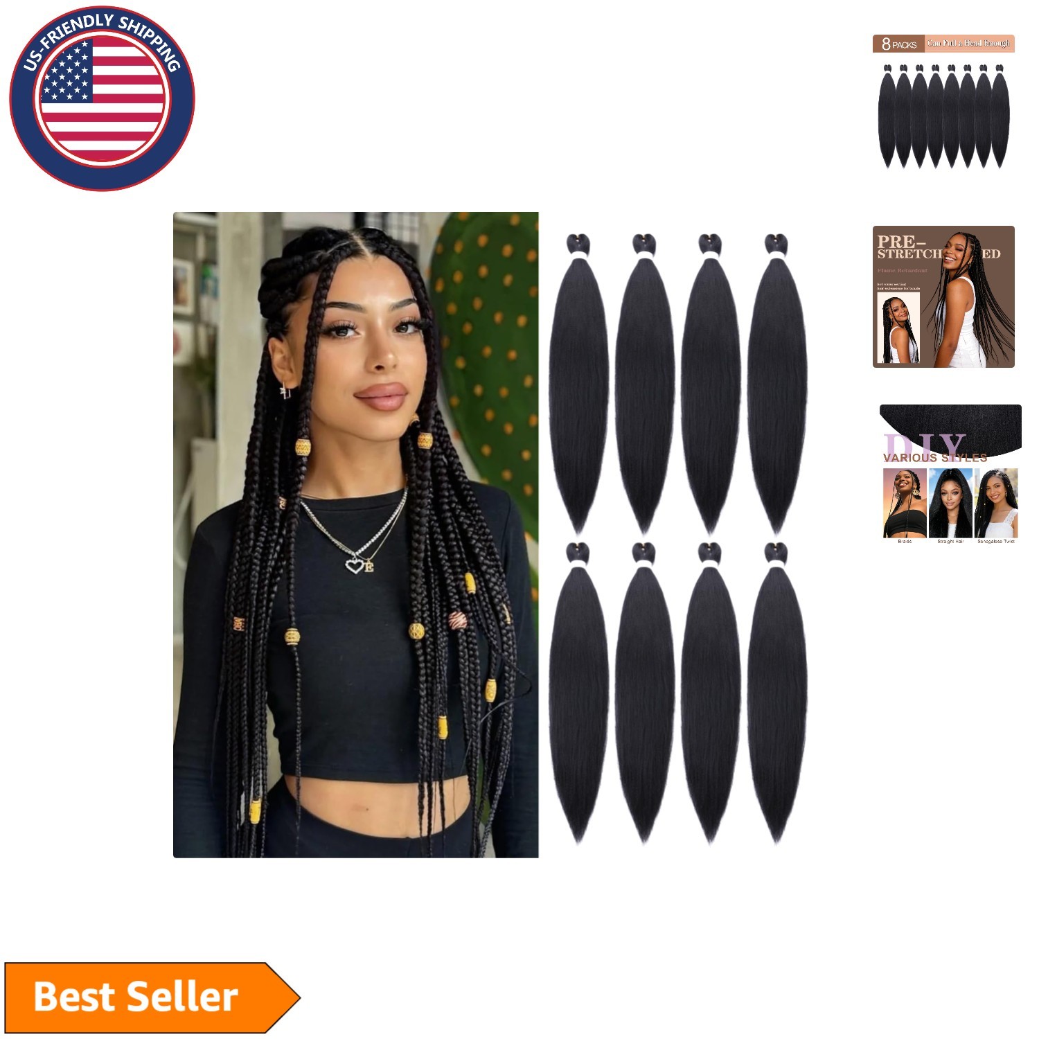 Professional Quality Pre-Stretched Braiding Hair Extensions – 24 Inch Pack of 8