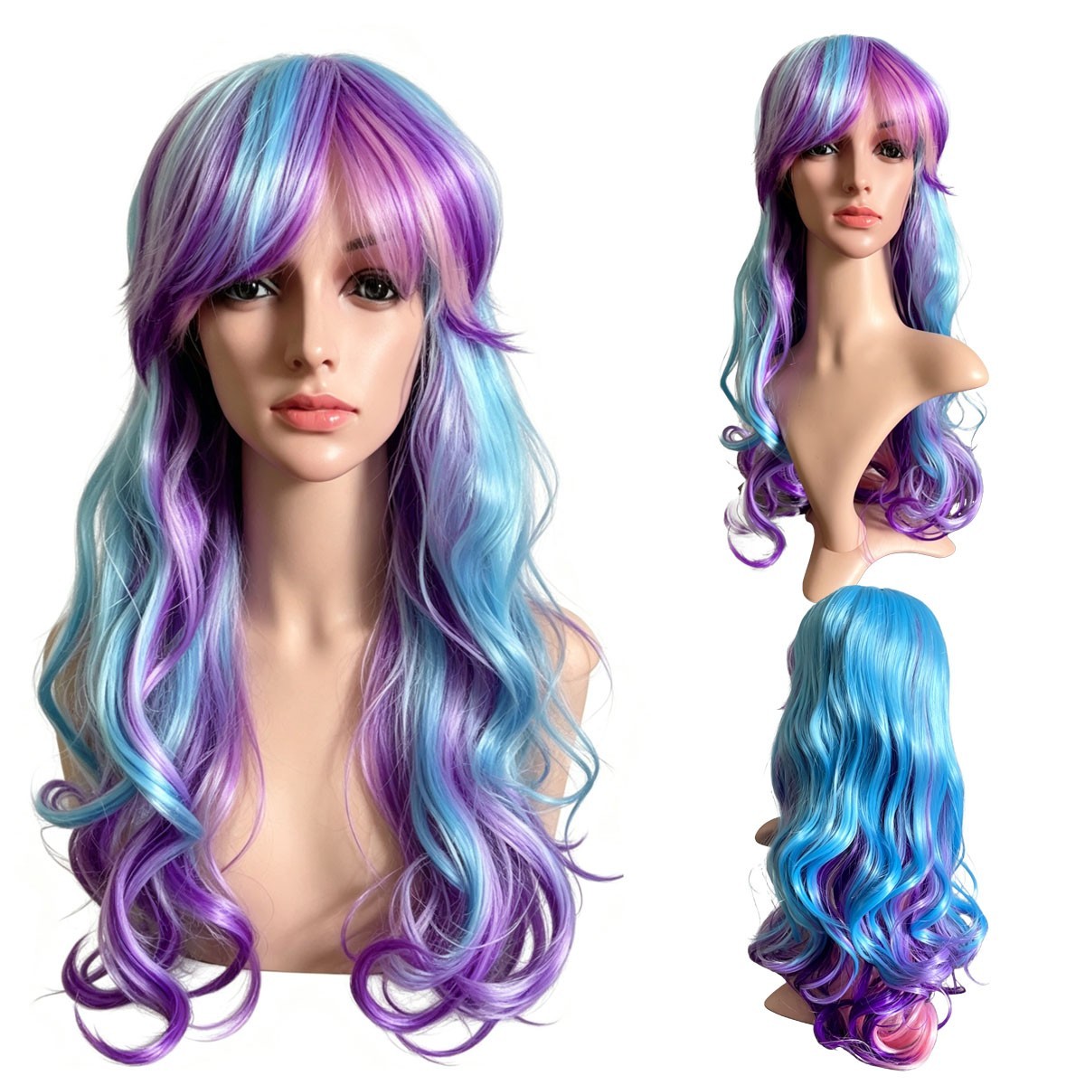Purple Blue Pink Mix Wavy Wig for Women Party 26″ Long Synthetic Hair with Bangs