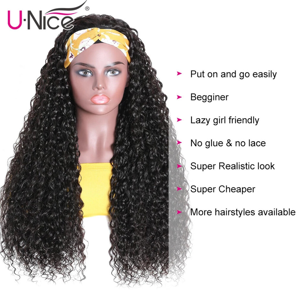 UNice Malaysian Headband Curly Human Hair Wigs 20″ Glueless Easy to Wear and Go
