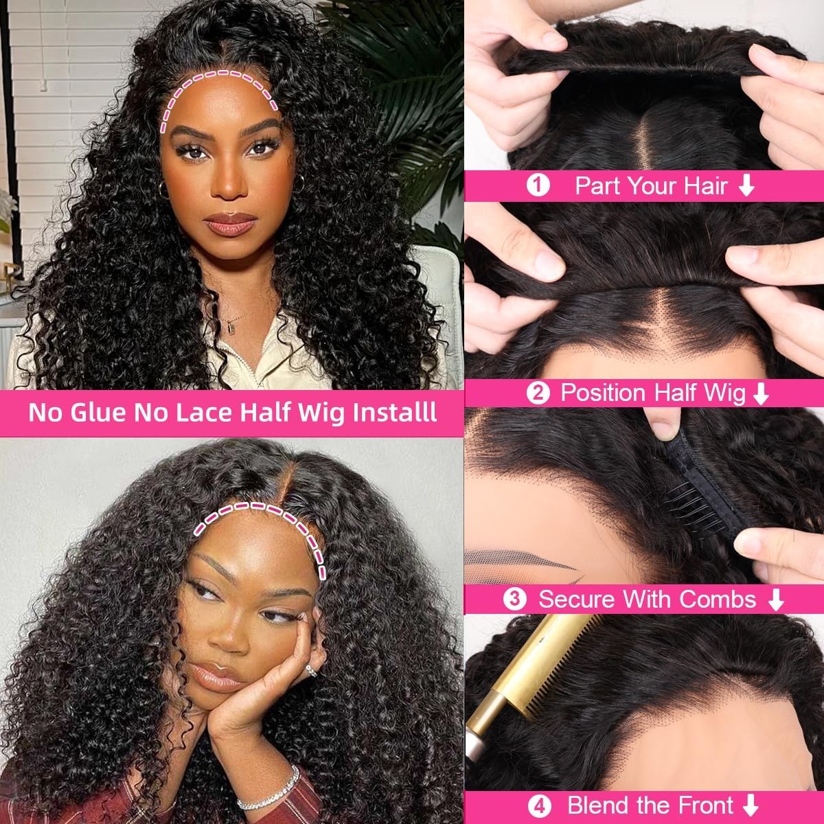 Curly Half Wig Human Hair 20″ Glueless Kinky Curly 200% Density Clip-In Drawstri