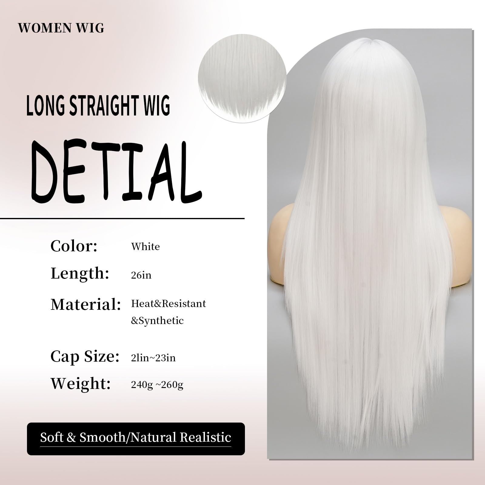 White Long Straight Wig for Women with Bangs Synthetic Hair Natural Looking H…