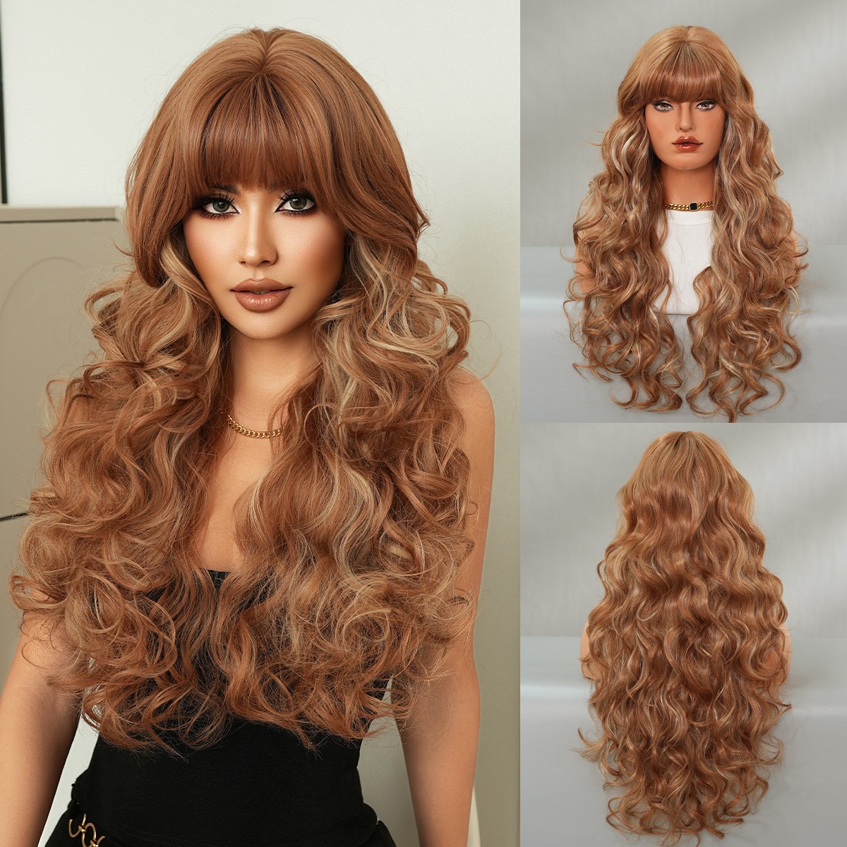 Pink Gold Long Curly Wig Lolita Cosplay Sweet Large Wave Synthetic Full Head Wig