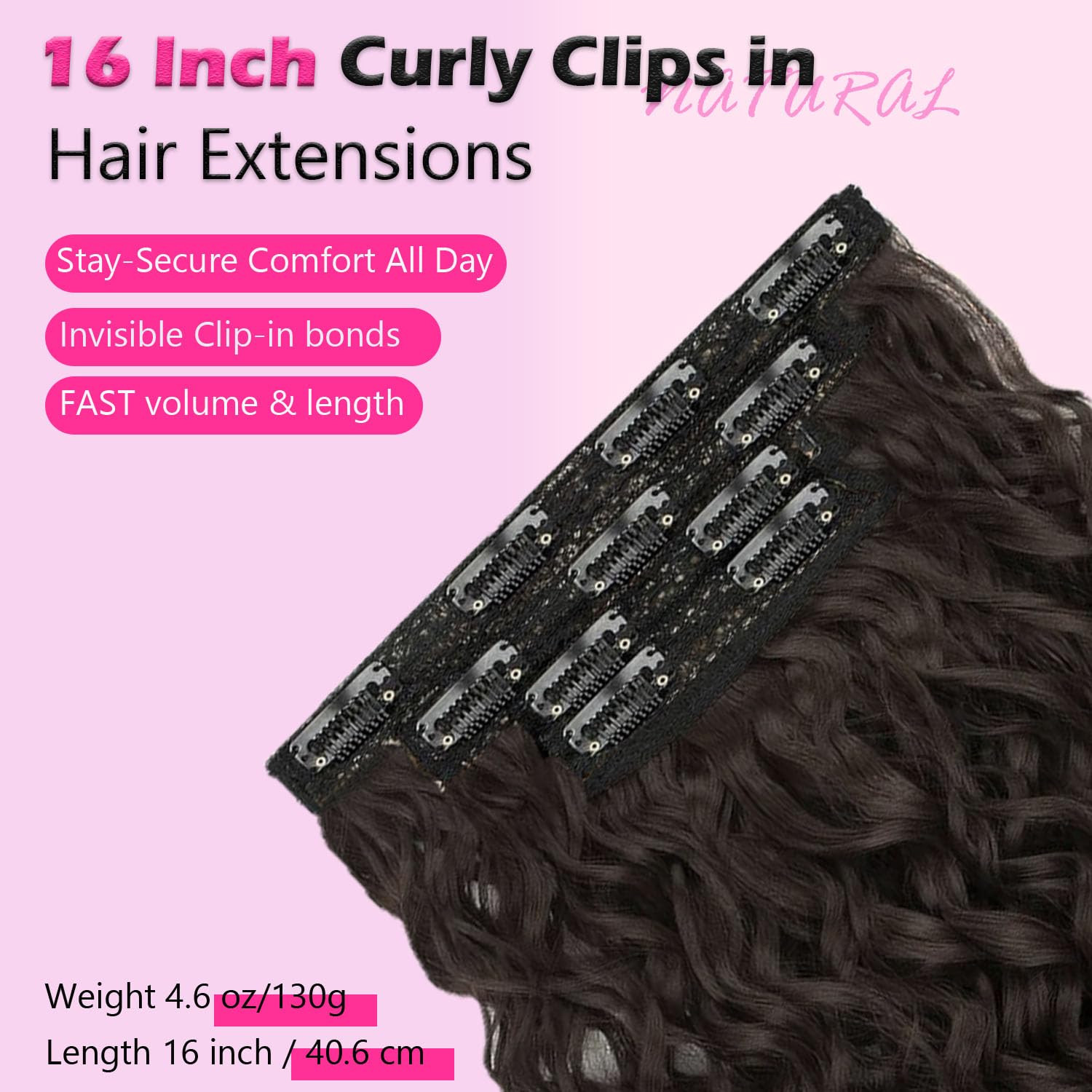 Curly Clip in Hair Extensions,4Pcs 16 Inch Dark Brown Extension Clip Ins Lace We