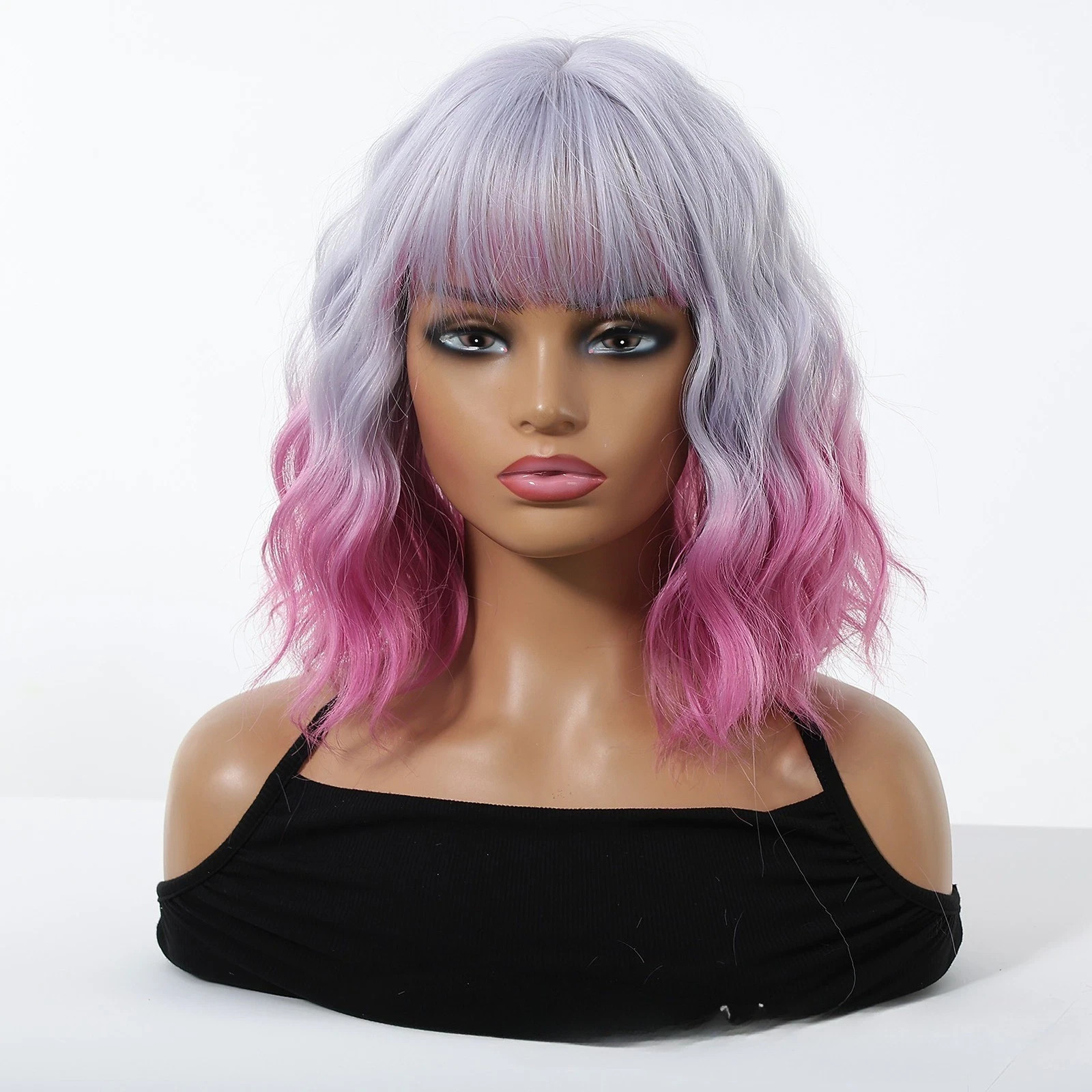 Cosplay Wig Pink Hightlights Wigs with Bangs Short Wavy Bob Wig for Women Girls