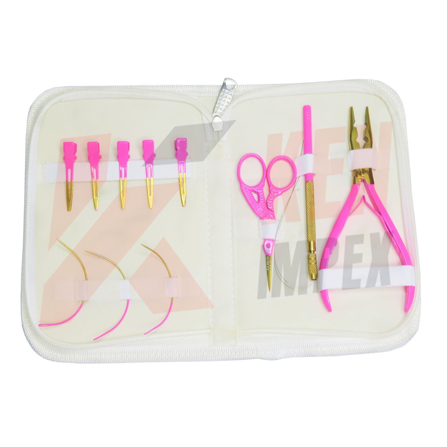 Mini Hair Extension Tools White PVC Leather Kit Case in Hot Pink & Gold Plasma