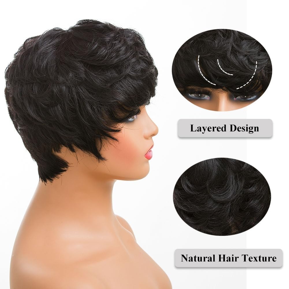 Natural Human Hair Black Pixie Cut Wig with Bangs