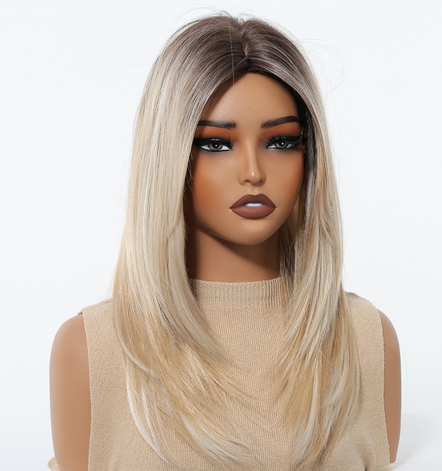 Long Straight Rooted Blonde Mix Middle Part Synthetic Hair Wigs Women Soft