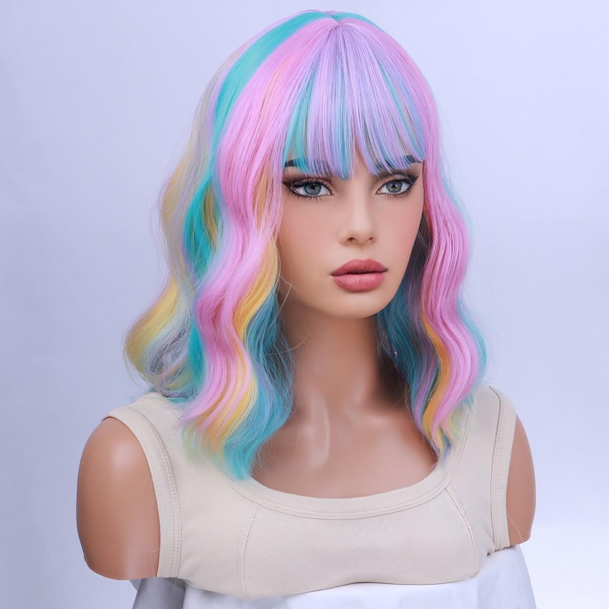 Rainbow Wigs for Women Short Curly Wavy Multi Color Wig for Girls Short Bob W…