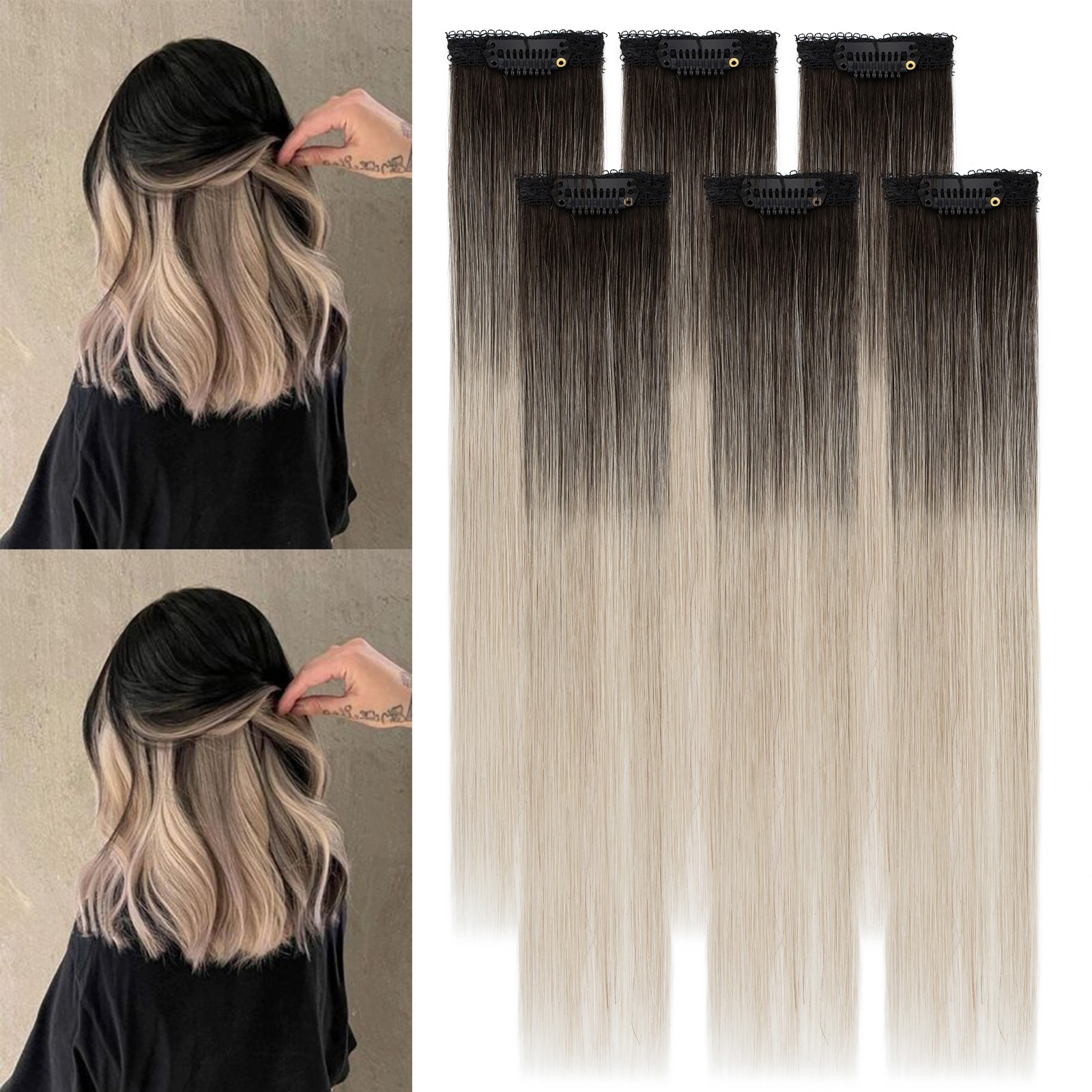Peekaboo Highlight 100% Human Hair Extensions Clip In Remy Real Hair 6pieces USA