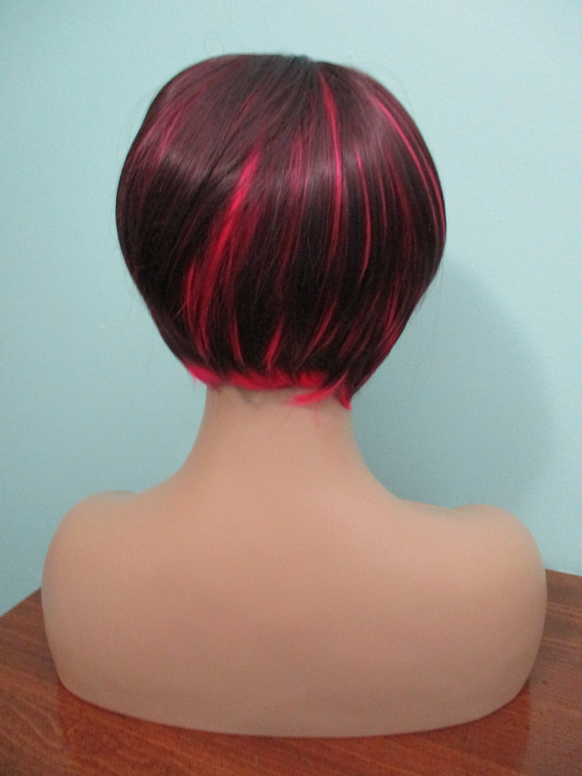 4″ hot pink and black short PIXIE cut swept bangs WIG