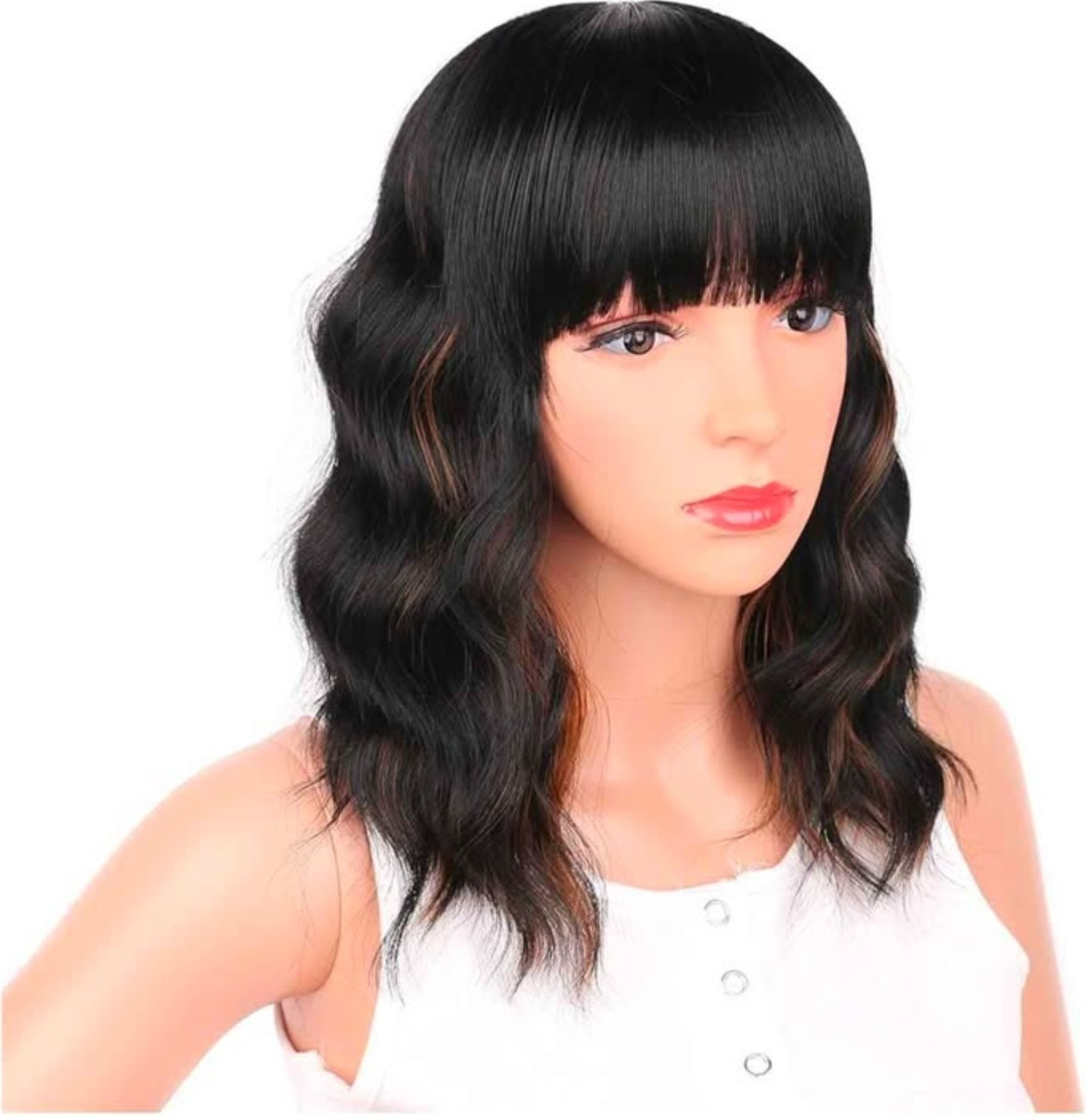Medium Black/Brown Highlights Synthetic Wavy Wig Rose Net Adjustable