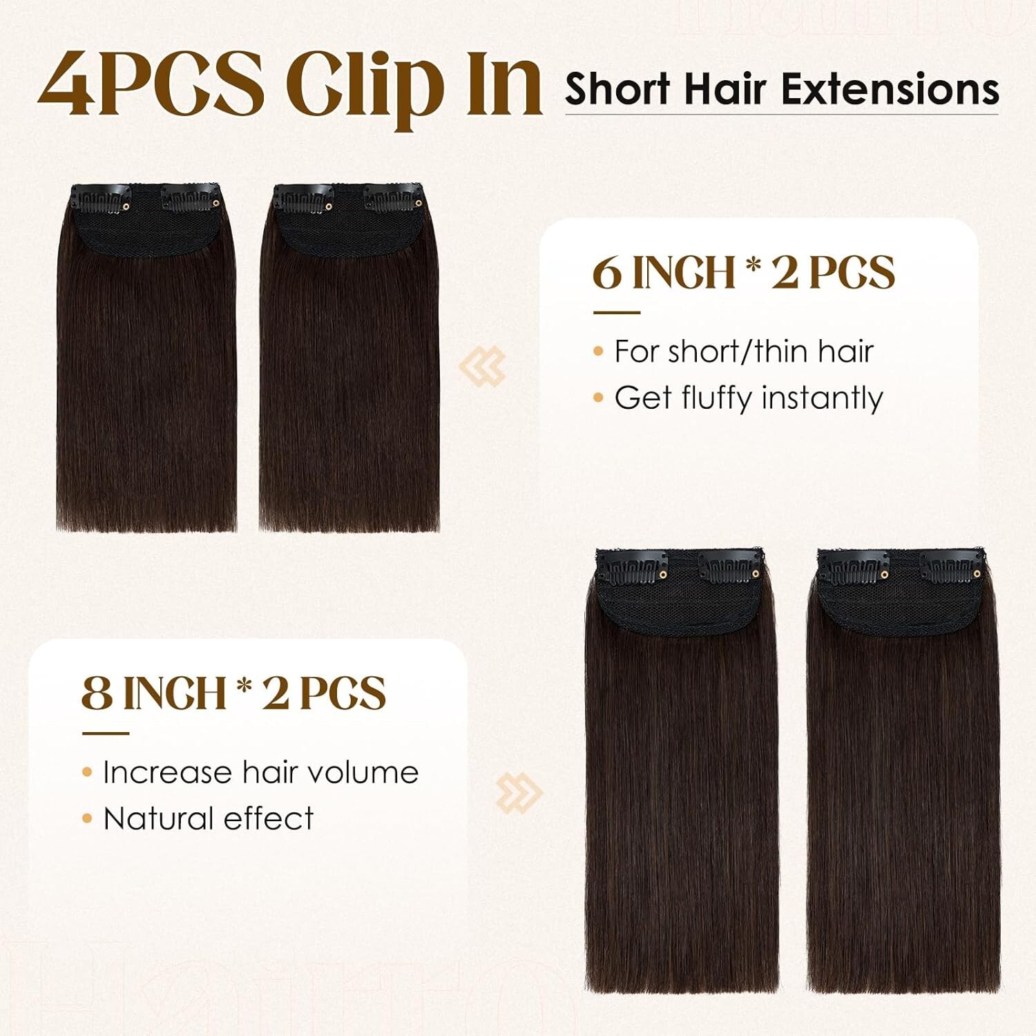 4PCS Invisible Clip In Short Hair Extensions Remy Human Hair #02 Dark Brown