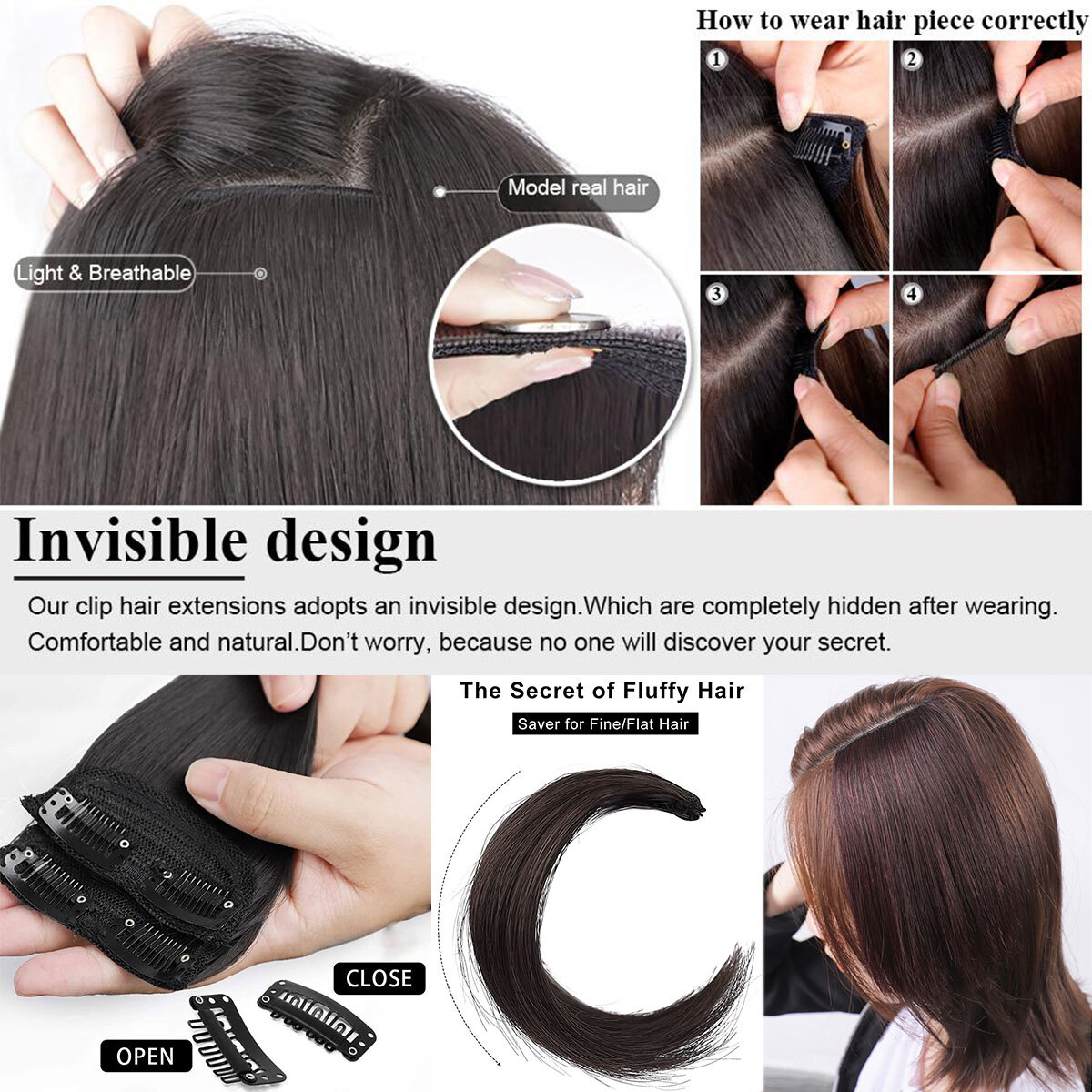 Fluffy 100% Remy Human Hair Clip In Hair Pad Extensions Mini Patches With 2Clips