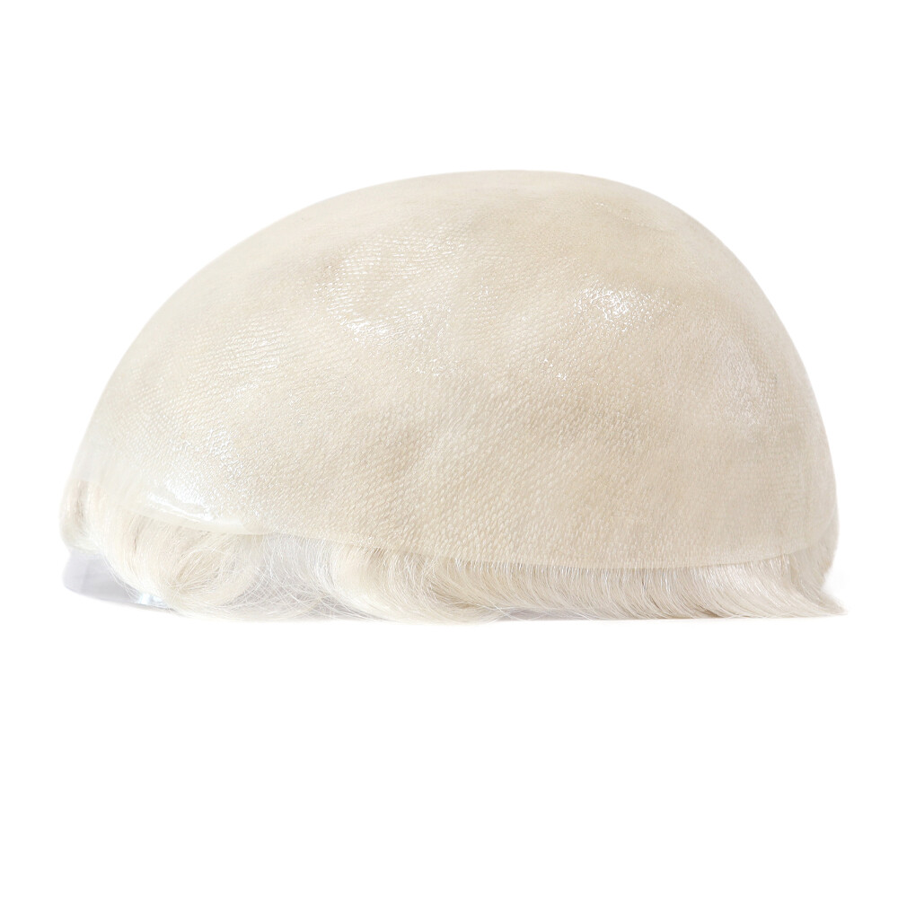 Toupee Mens Human Hair Thin Skin PU Hairpieces System Replecement Natural White