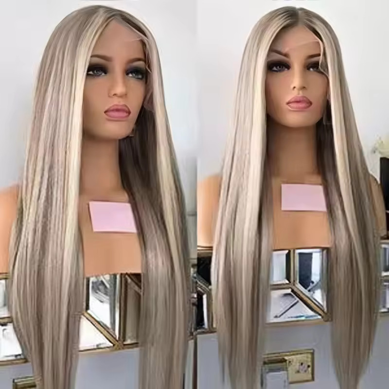 Ombre Ash Blonde Highlight Straight Full Lace Front 100% Human Hair Wigs
