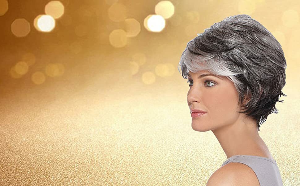 Fashion Short Gray White Hair With Black Mixed Wig with Bangs Mom Wig Synthetic