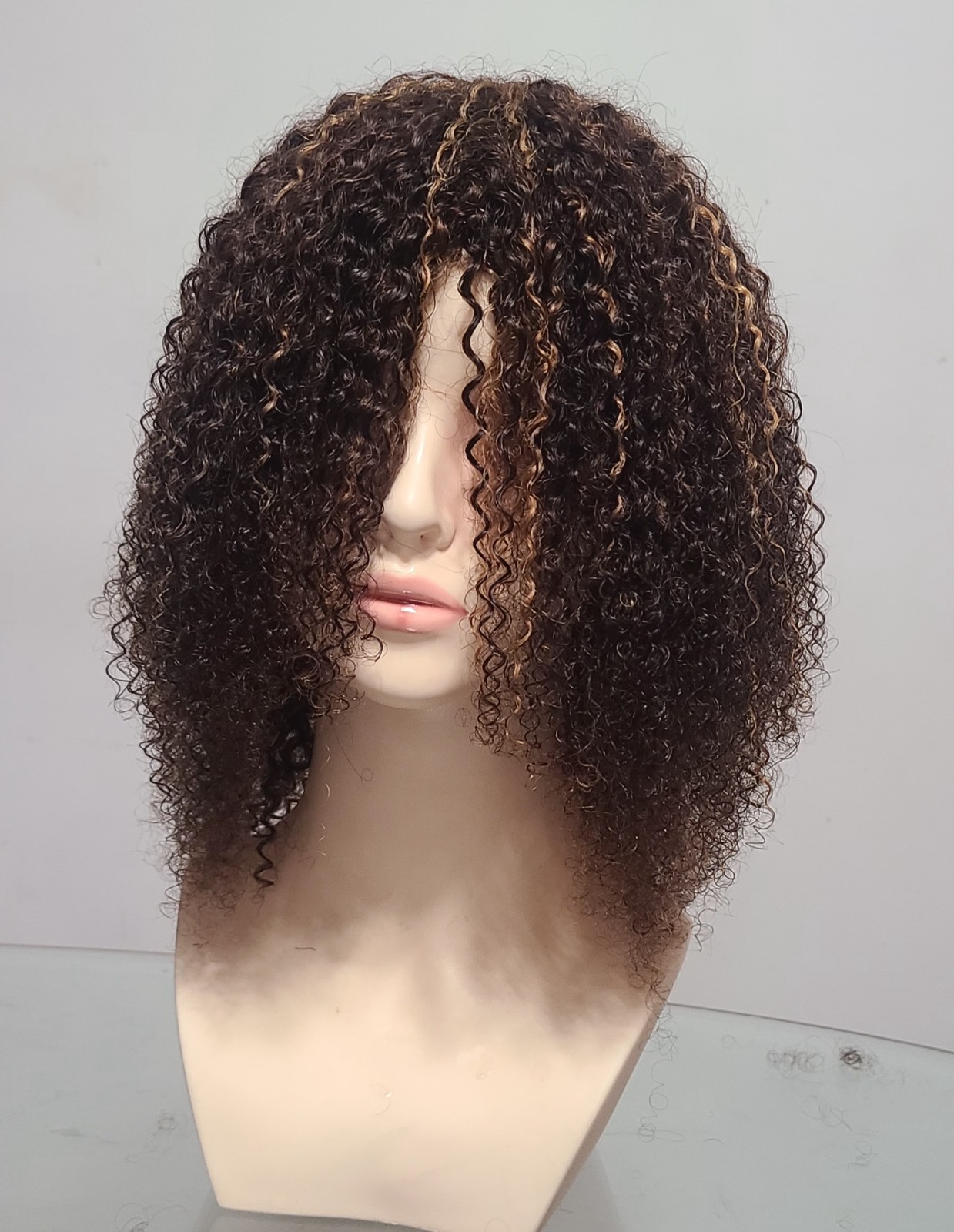 14″afro kinky Curly Glueless wig,Human Hair with #4/27 medium brown, Highlights.