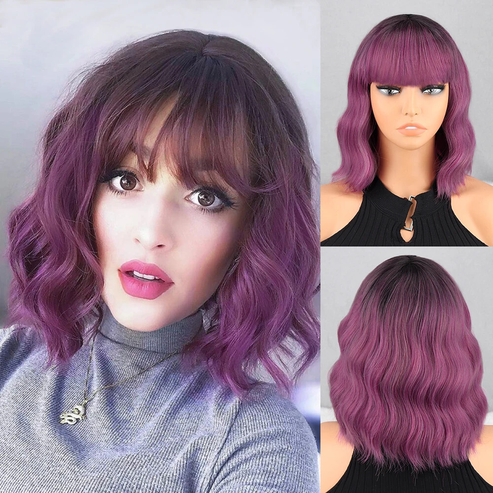New Short Brown Synthetic Wig Women’s Bangs Dark Blue Pink Black Wig Party Use
