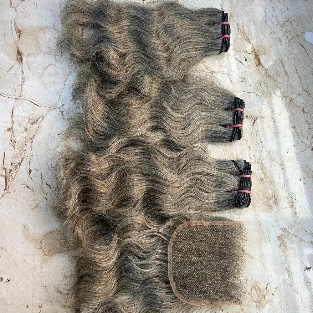Gray human hair bundles with closure