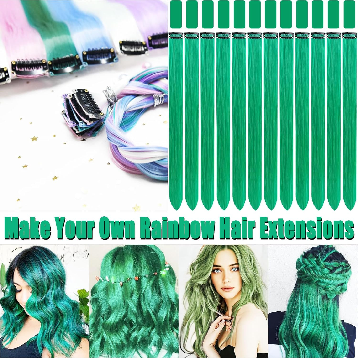 12 PCS Dark Green Clip-In Straight Hair Extensions, 20 Inch Colored Party Synthe