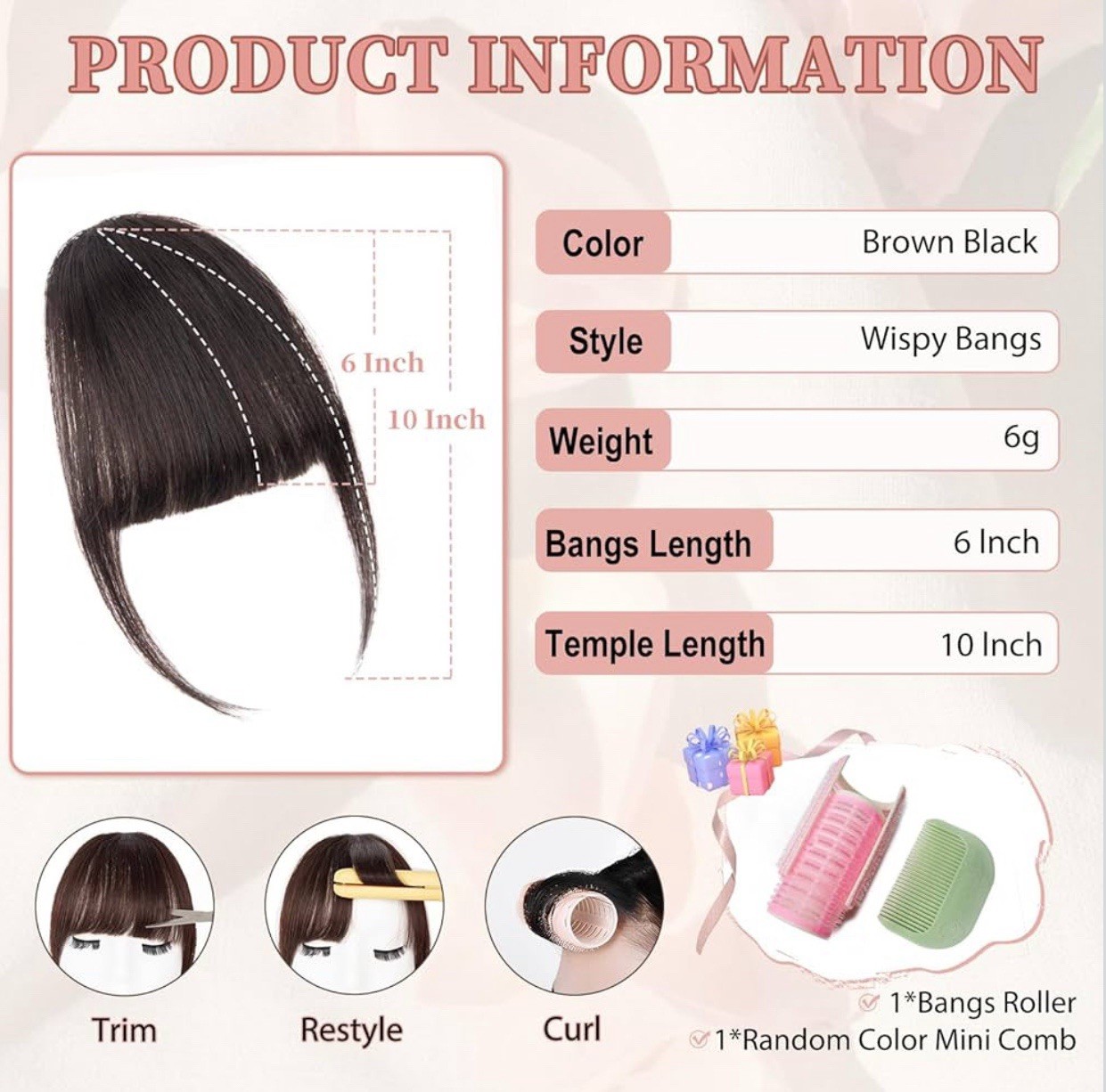 Real Human Hair Clip On Bangs Brown Black Wispy Fringe w/ Temples