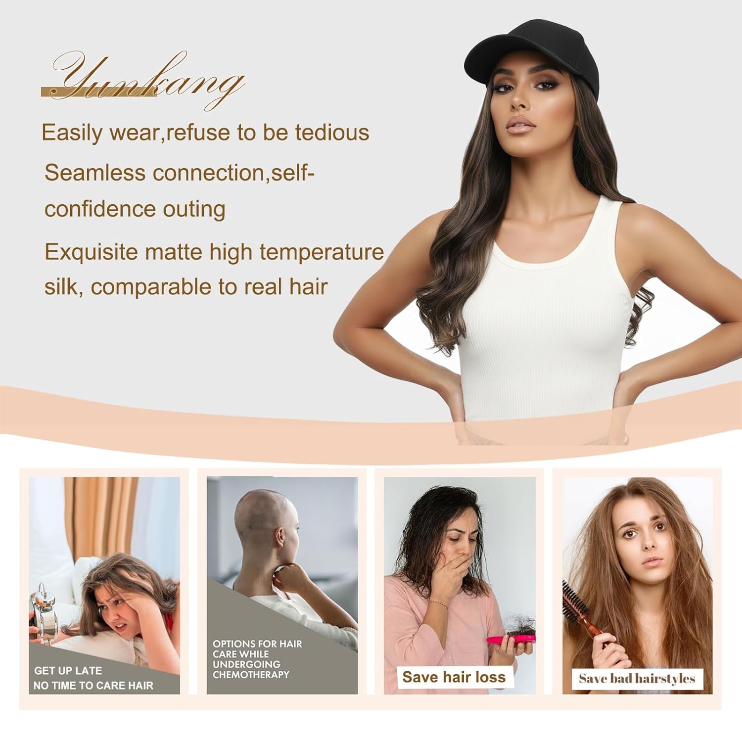 Women Baseball Cap Hat with Long Natural Wavy Synthetic Hair Wig for Party Black