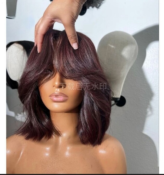 99J Red Wave Bob Wig with Curtain Bangs 13×4 Lace Front Human Hair Wig