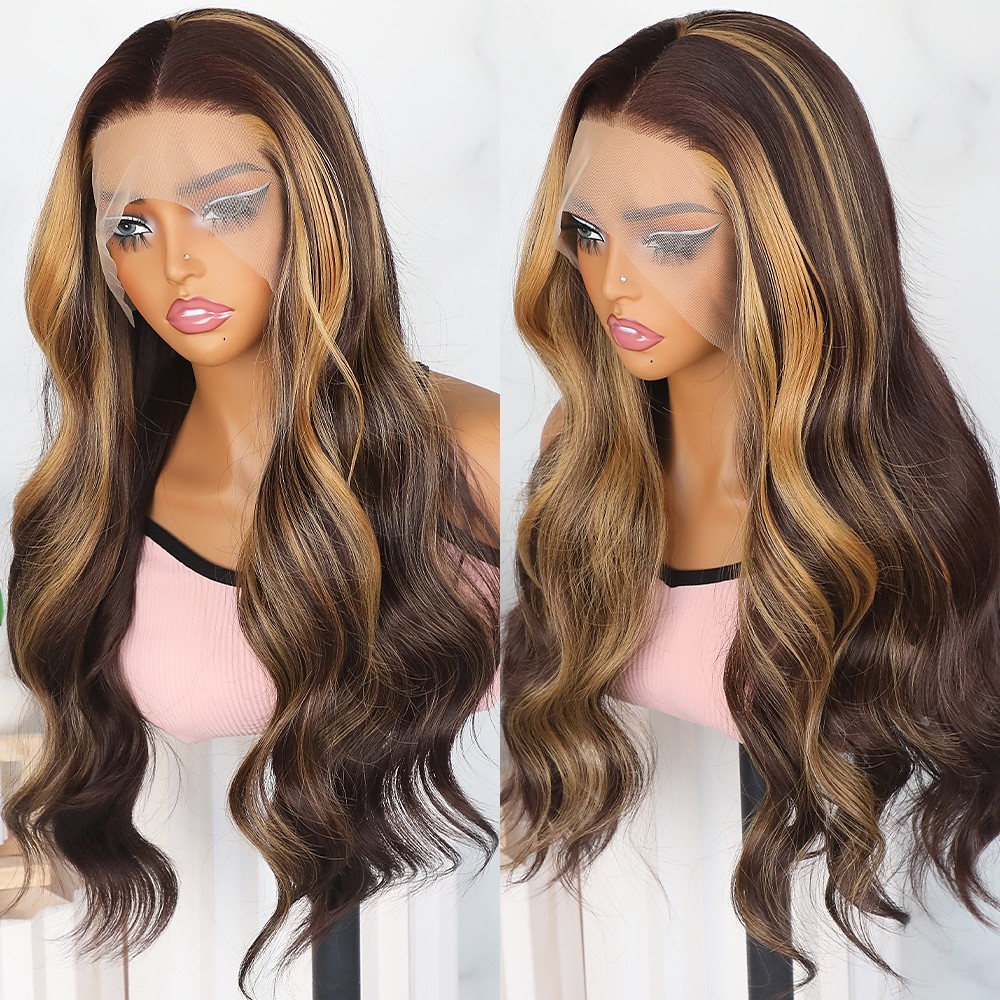 Ombre Brown Blonde Mixed Color Wavy Lace Front Wigs Pre Plucked Natural Hairline
