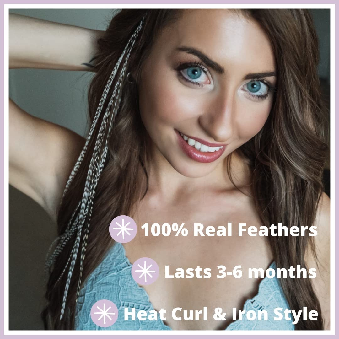 Bohemian Black & White Striped Feather Hair Extensions DIY Kit – 20 Real Feat…
