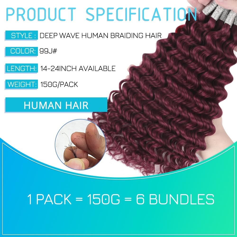 Elegant 99J Burgundy Human Hair for Boho Braids – 18 Inch Deep Waves, 6 Bundles