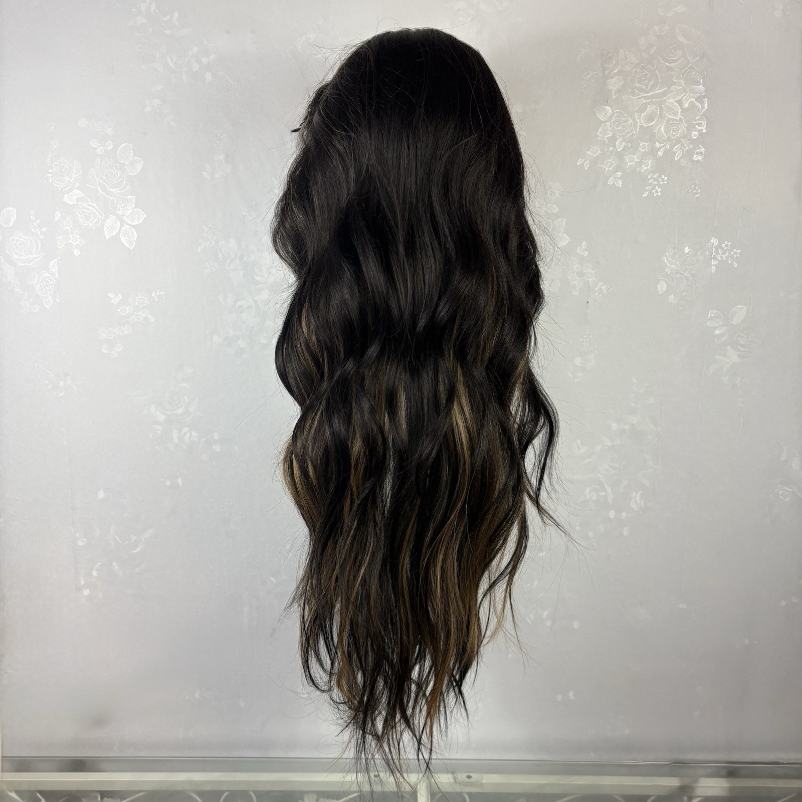 FULL Lace Daily WIG! Long wavy Black with brown highlights. Human hair Blend