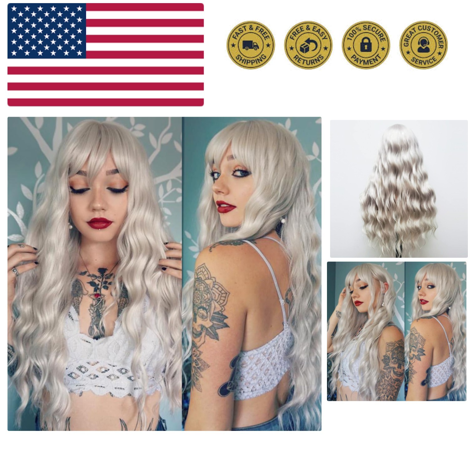Platinum Blonde Wig with Bangs White Blonde Color Wig Wet and Wavy Long Loose…