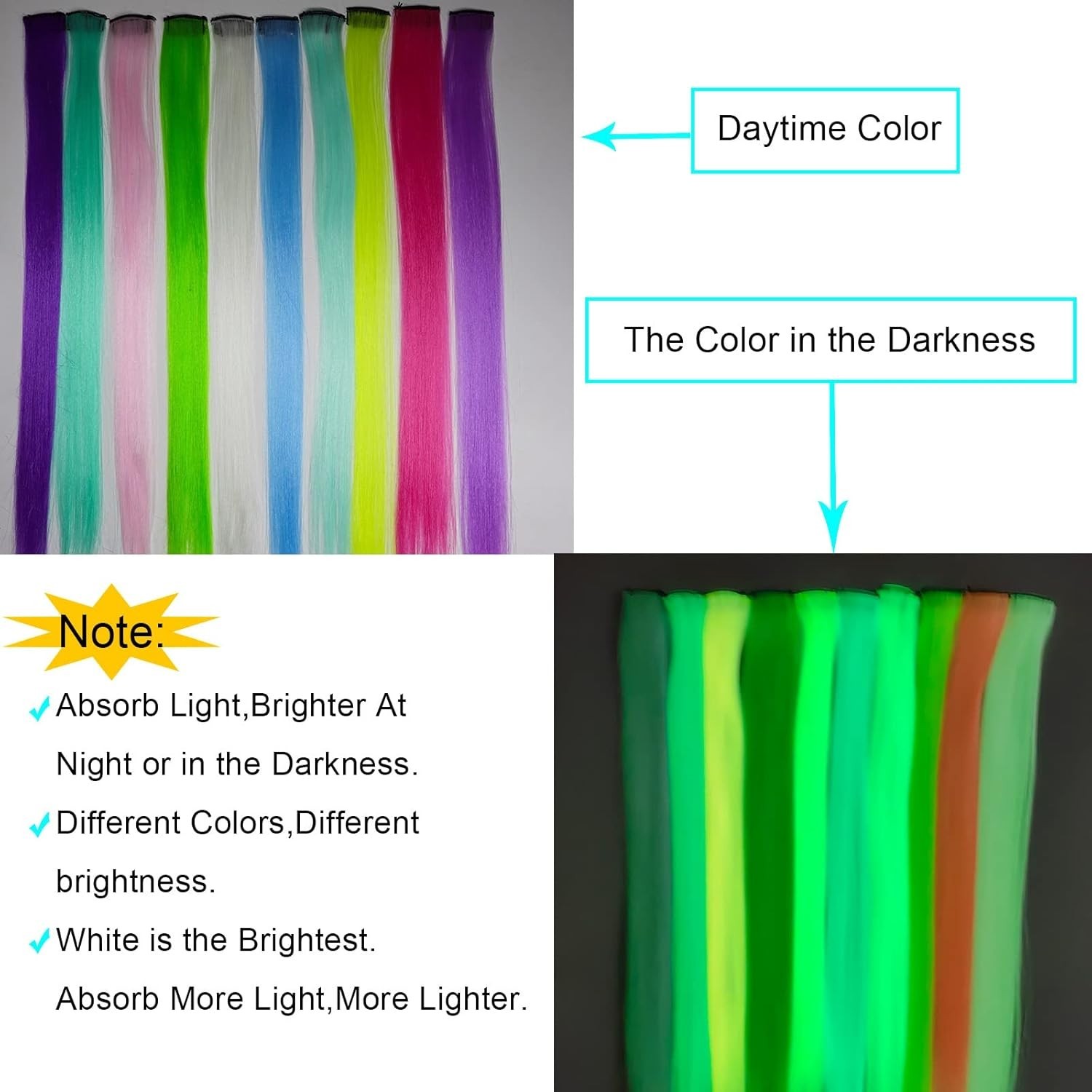 10 Pcs Glow in Dark Clip in Hair Extensions – 22inch Colorful Synthetic Rainb…