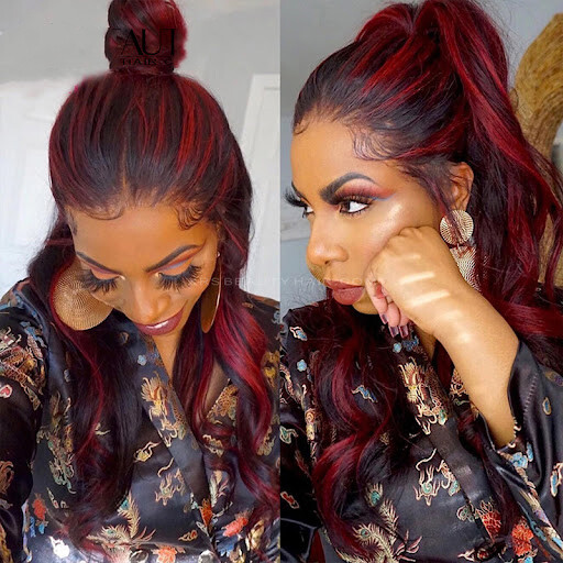 Black Wigs With Red Highlights Streak 100% Human Hair Lace Front Wigs 13×4