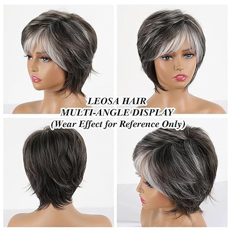 Short Grey Curly Wigs for Women Layered Silver Gray Pixie Cut Wig with Bangs