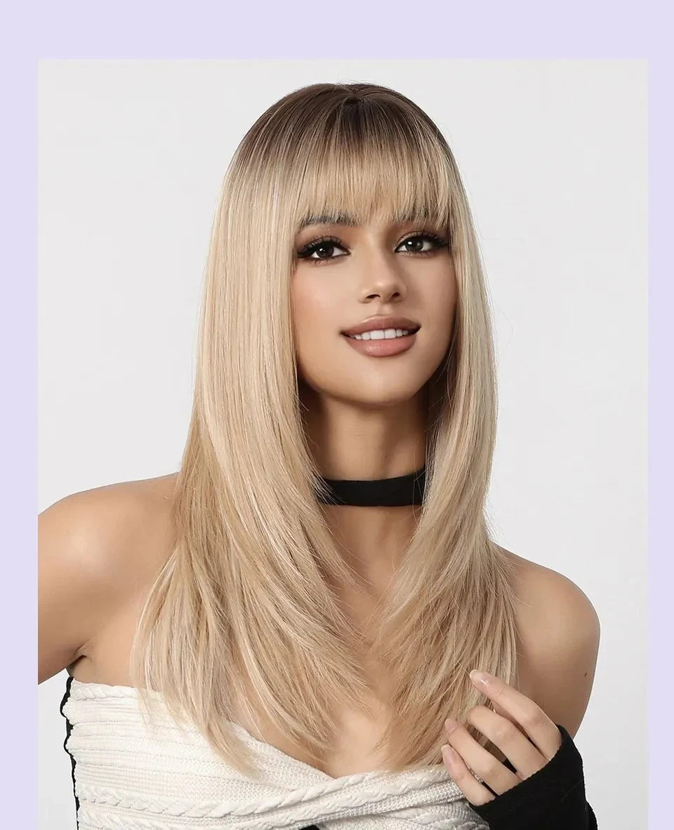 Ombre Golden Blonde Layered Cut with Bangs 100% Human Hair 13×4 Lace Front Wigs