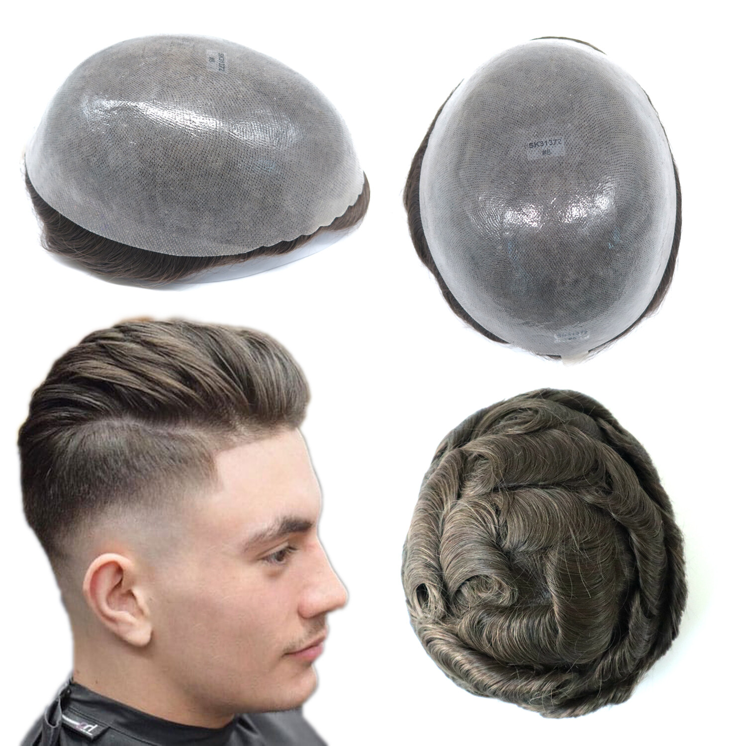 Mens Toupee Human Hair Replacement System Poly Skin Scalloped Knot Hairpiece #6