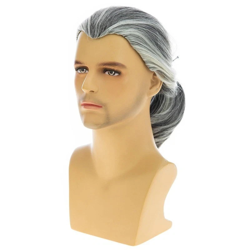Men’s Curly Hair Full Wig Med-Length Black Grey Men’s Synthetic Wigs+Wig Cap