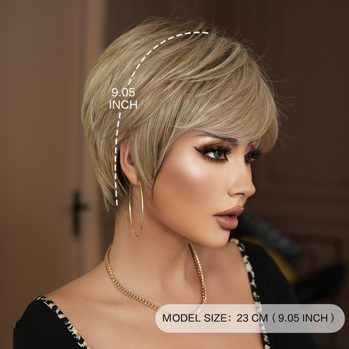 Short-haired mother with beige side-swept synthetic matte hair strands