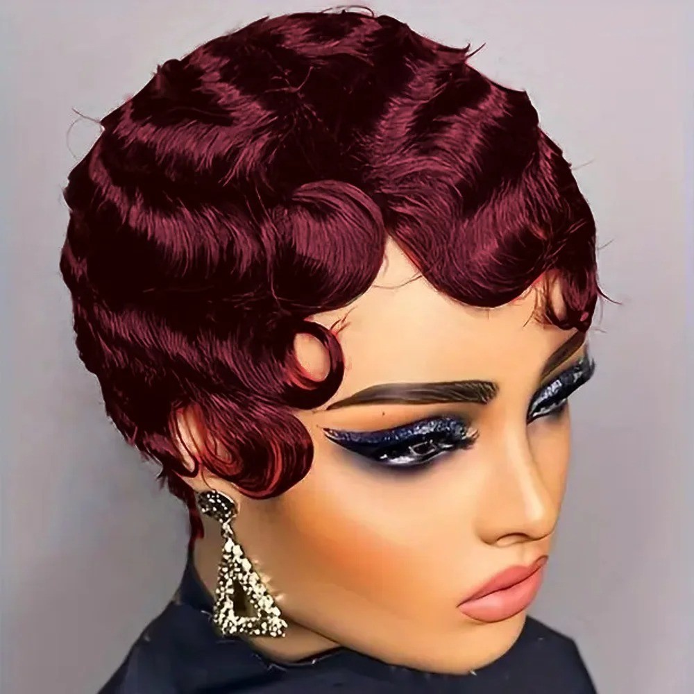 Short Finger Wave Wig Human Hair Wig For Women Brown Short Ocean Wave Wig Pixie