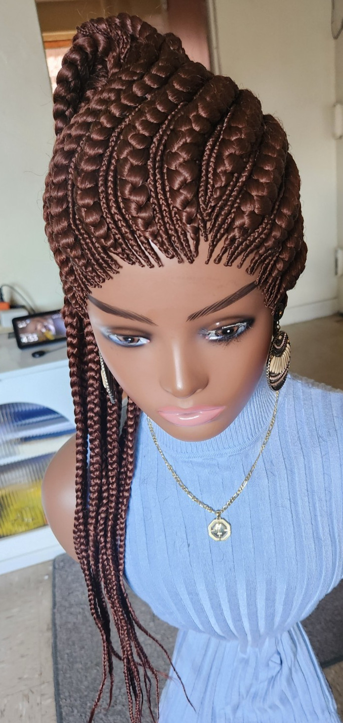 Fully hand braided Ghana banana cornrows wig poney tail libre Dark brown