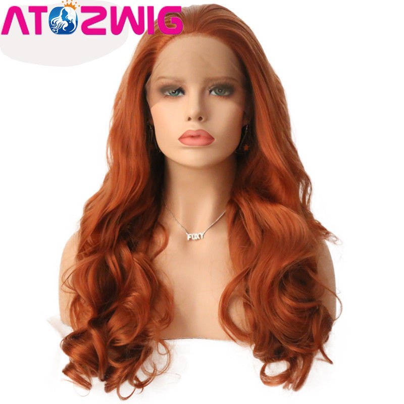 24″ Long Body Wavy Lace Front Orange Copper Red Glueless Hand Tied Synthetic Wig