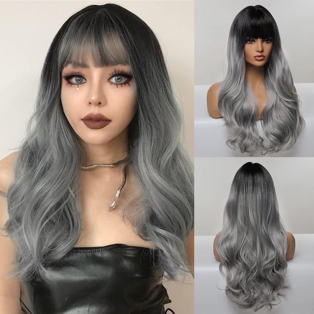 Balayage Wig – Human Hair Blend Platinum Blonde Silver Black Rainbow Multicolor