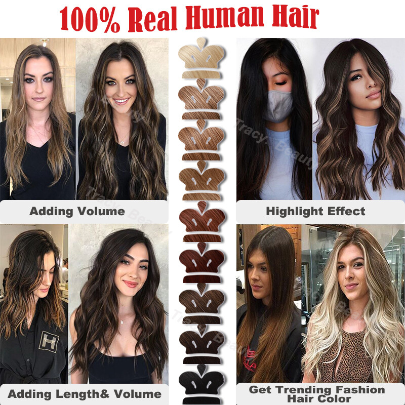 8PCS 18Clips Natural Clip In Real Remy Human Hair Extensions Mix Color Full Head