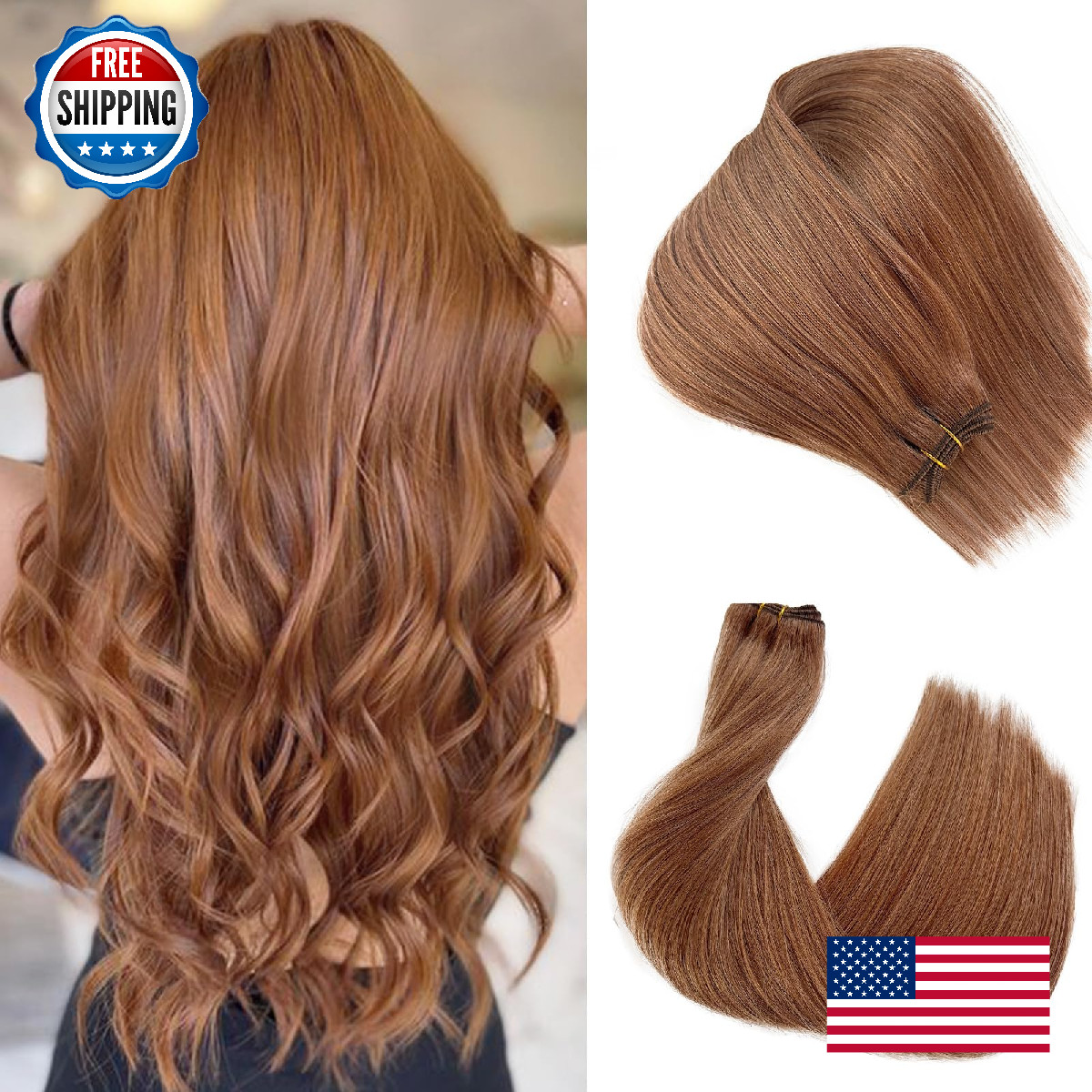 Licoville Auburn Brown Weft Hair Extensions Bundles 16 Inch 100G Hand Tied Hair