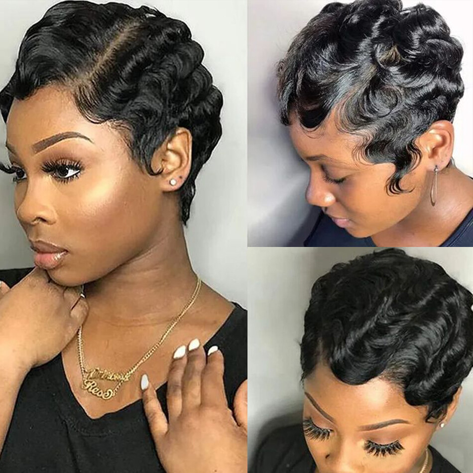 100% Human Hair Wigs For Women Pixie Cut Human Hair Finger Wave Wig