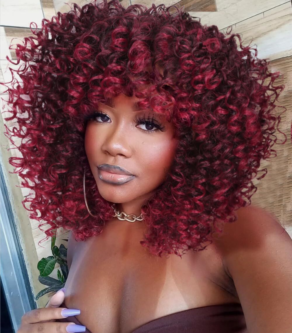 Ombre Burgundy Synthetic Curly Wigs Shoulder Length Glueless Afro Wig (1B/BUG#)