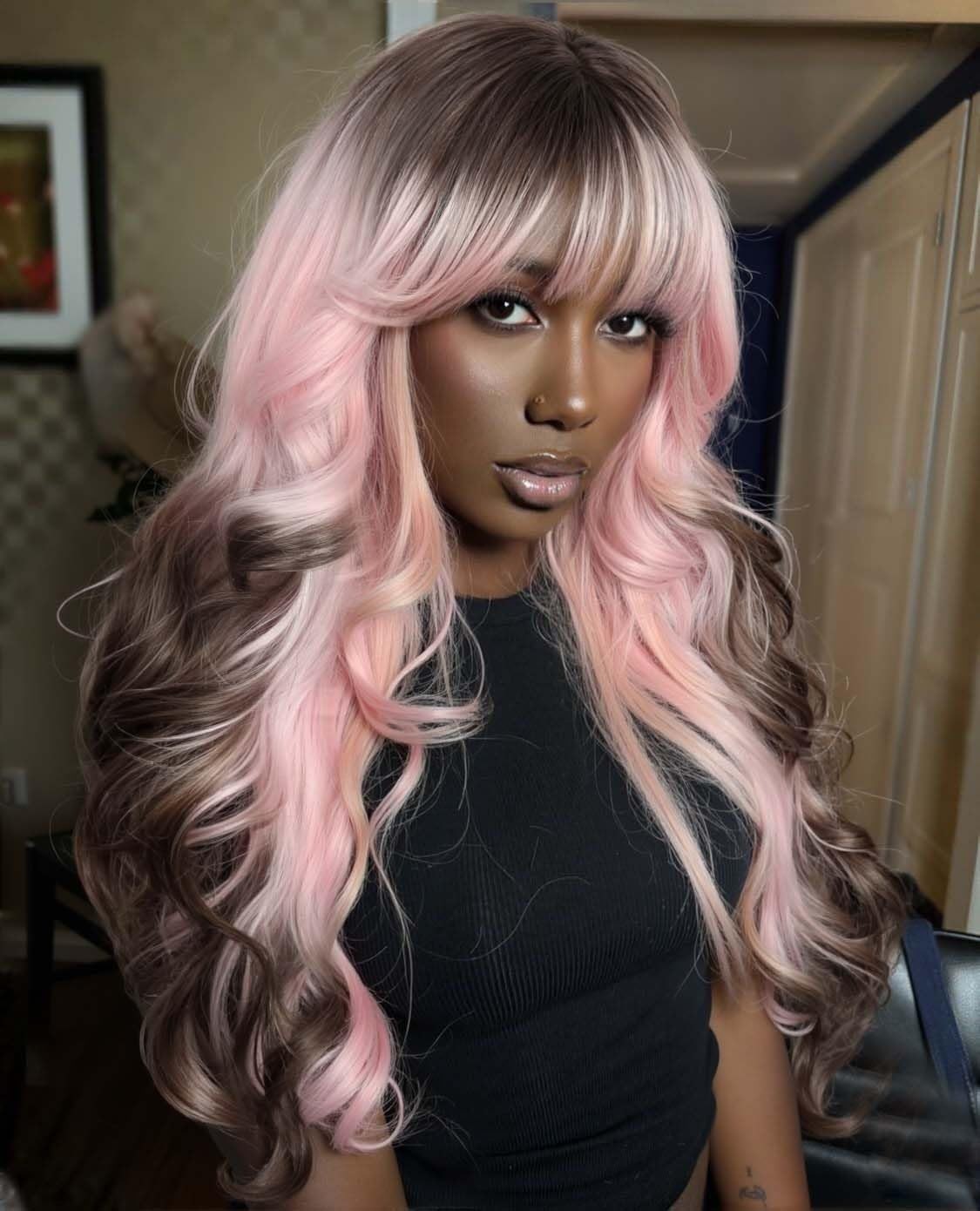 Long Wavy Wig With Bangs Pink Romantic Curly Hair With Brown Roots and Ends S…